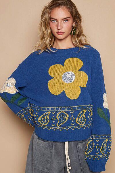 Flower Lace Patch Long Sleeve Sweater - Znvia