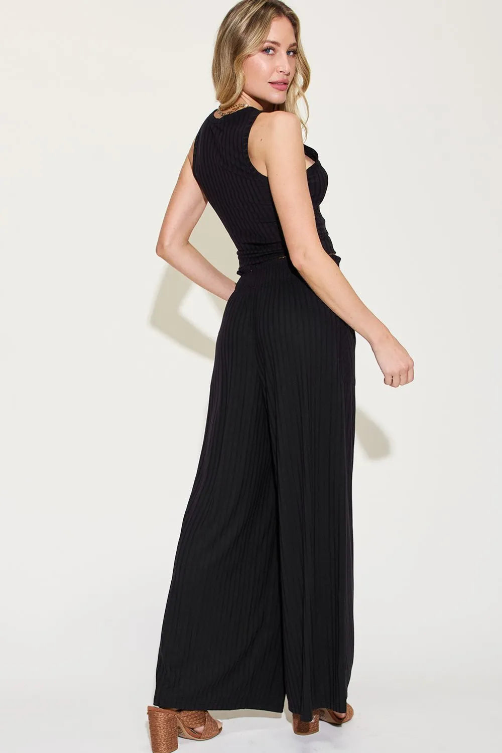 Full Size Ribbed Tank and Wide Leg Pants Set - Znvia