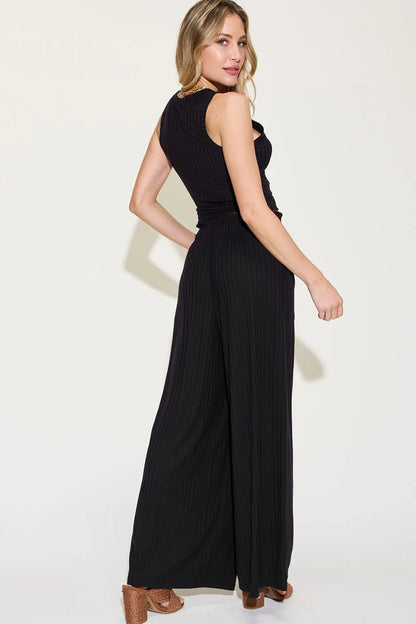 Full Size Ribbed Tank and Wide Leg Pants Set - Znvia