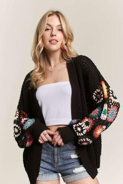 Full Size Contrast Crochet Open Front Long Sleeve Cardigan Plus Size - Znvia