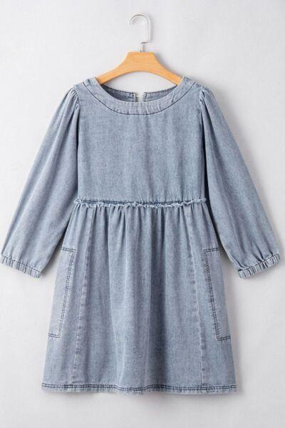 Cutout Round Neck Balloon Sleeve Denim Dress - Znvia