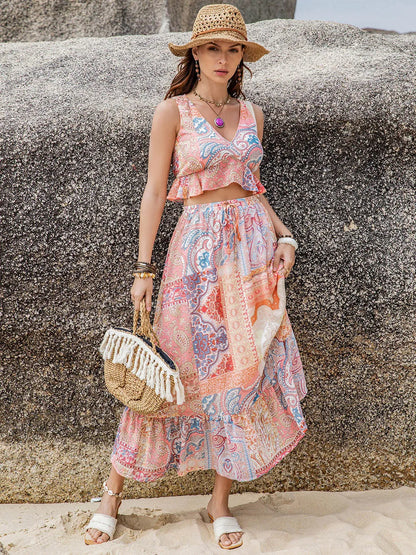 Printed V-Neck Top and Midi Skirt Set - Znvia
