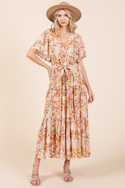 Floral Tie Waist Flutter Sleeve Tiered Dress - Znvia