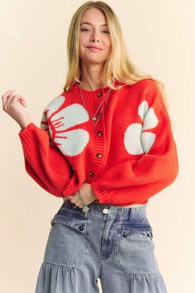 Flower Contrast Round Neck Long Sleeve Cardigan - Znvia
