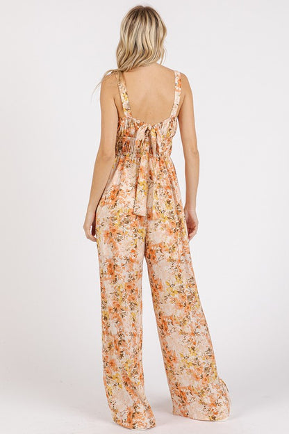 Flower Print Gathered Bust Sleeveless Jumpsuit - Znvia