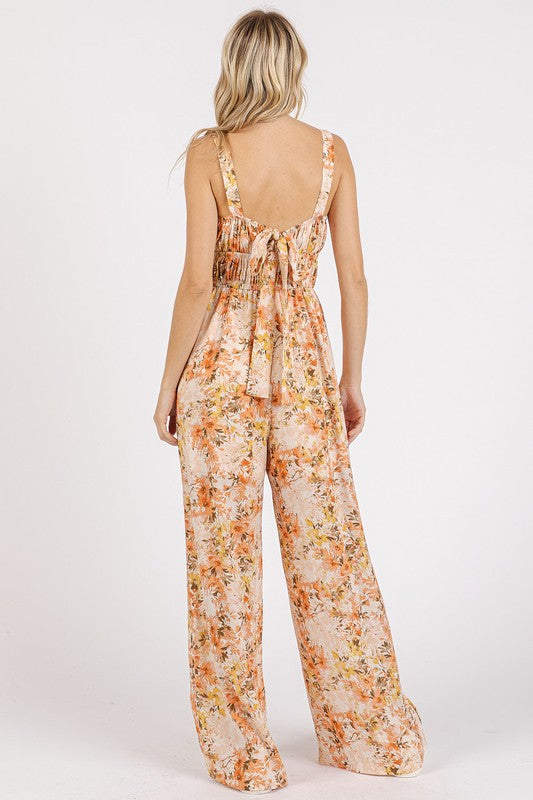 Flower Print Gathered Bust Sleeveless Jumpsuit - Znvia
