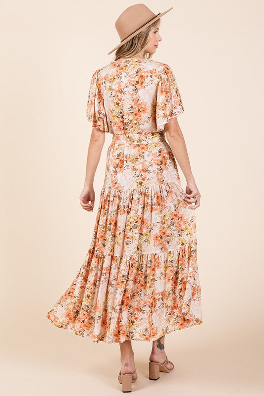Floral Tie Waist Flutter Sleeve Tiered Dress - Znvia