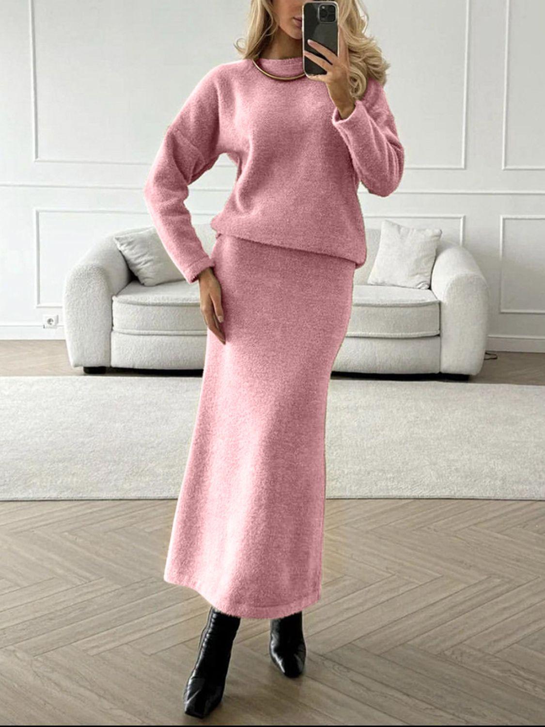 Round Neck Dropped Shoulder Top and Midi Skirt Sweater Set - Znvia