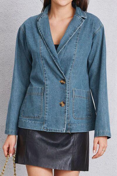 Pocketed Button Up Denim Jacket - Znvia