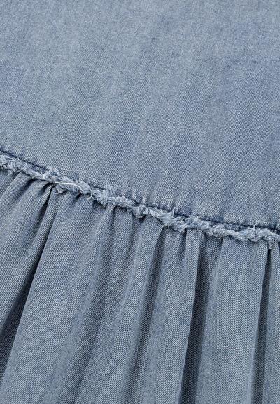 Cutout Round Neck Balloon Sleeve Denim Dress - Znvia