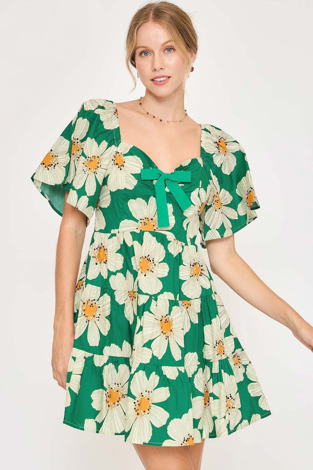 Full Size Daisy Print Mini Dress with Ribbon Details - Znvia
