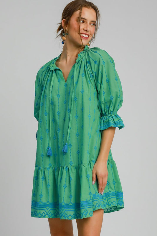 Full Size Tassel Embroidered Flounce Sleeve Mini Dress Plus Size - Znvia