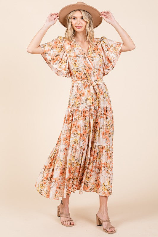 Floral Tie Waist Flutter Sleeve Tiered Dress - Znvia