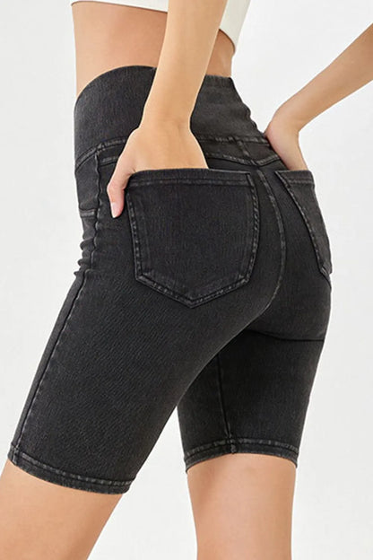 Asymmetrical Waist Denim Shorts with Pockets - Znvia