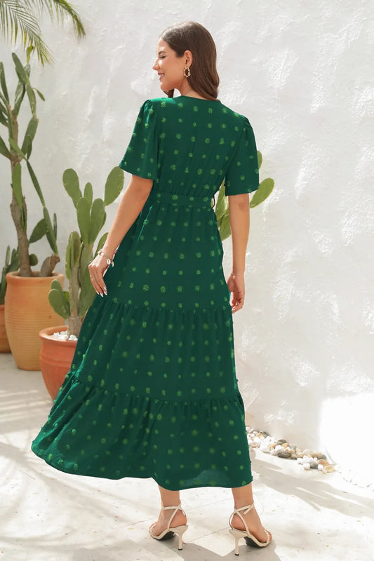 Swiss Dot Tied Surplice Short Sleeve Dress - Znvia