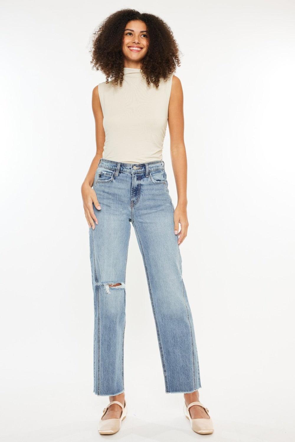 Ultra High Rise Distressed Straight Jeans - Medium Stone Wash - Znvia