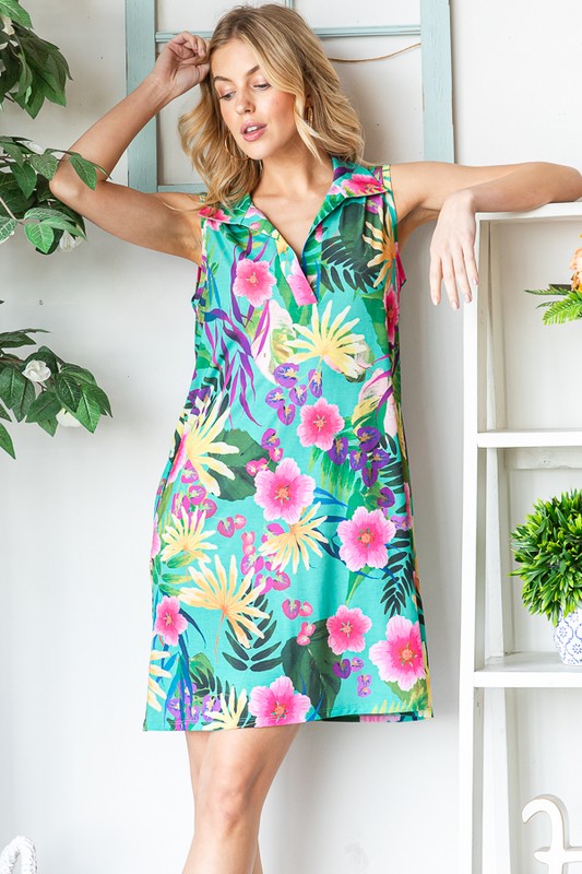 Full Size Floral Johnny Collar Sleeveless Dress Plus Size - Znvia