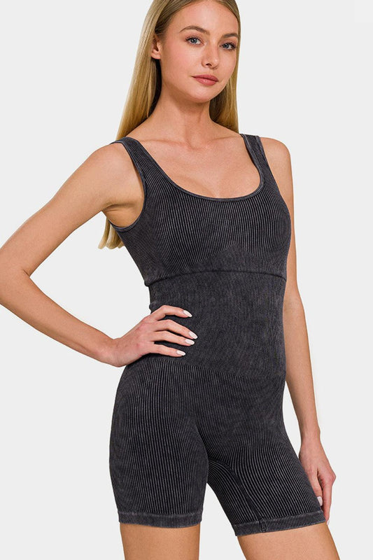 Zenana Washed Ribbed Romper with Pad - Znvia
