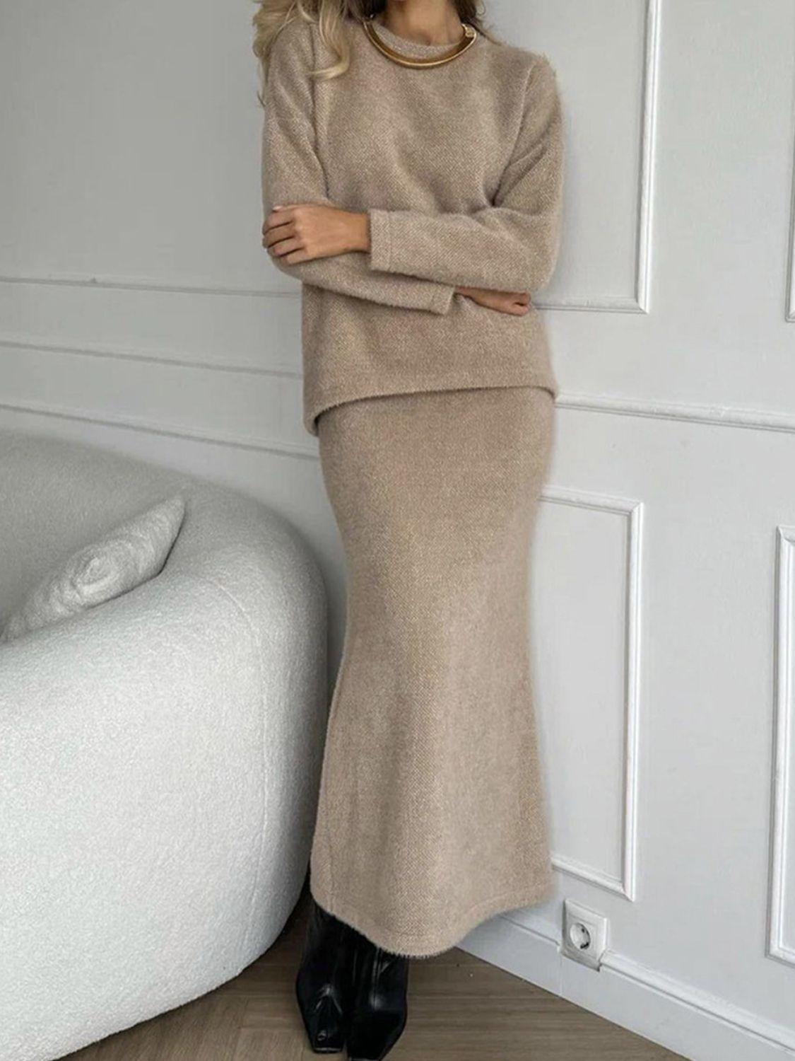 Round Neck Dropped Shoulder Top and Midi Skirt Sweater Set - Znvia