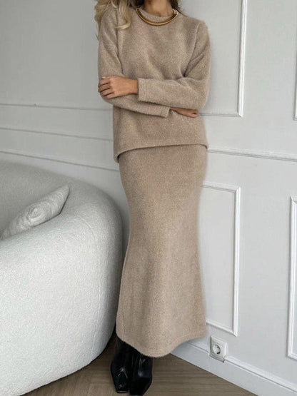 Round Neck Dropped Shoulder Top and Midi Skirt Sweater Set - Znvia