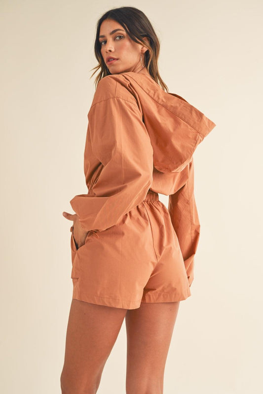 Snap Down Long Sleeve Hooded Romper - Znvia