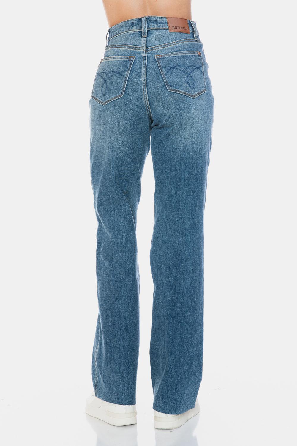 Blue Full Size Tummy Control Cut Raw Hem Straight Jeans – Chic Style Meets All-Day Comfort - Znvia