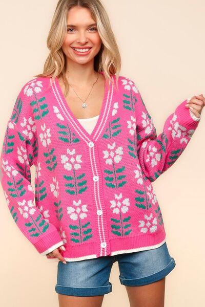 Full Size Floral Jacquard V-Neck Button Up Cardigan - Znvia