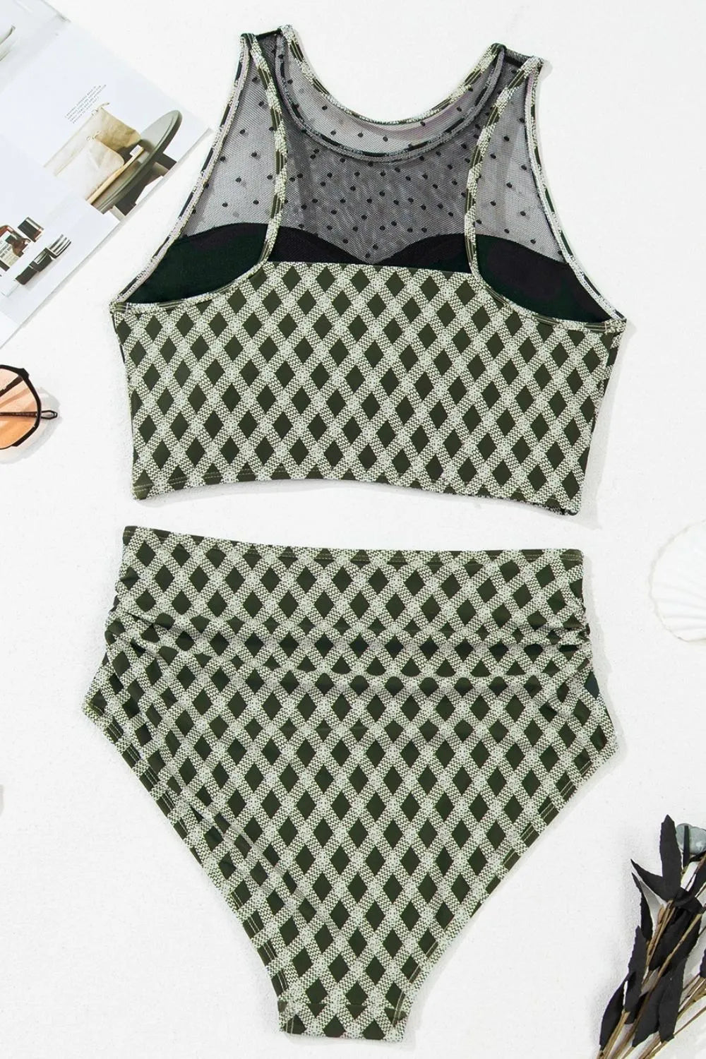 Dotted Mesh Plaid Patchwork High Waisted Swim Set - Znvia