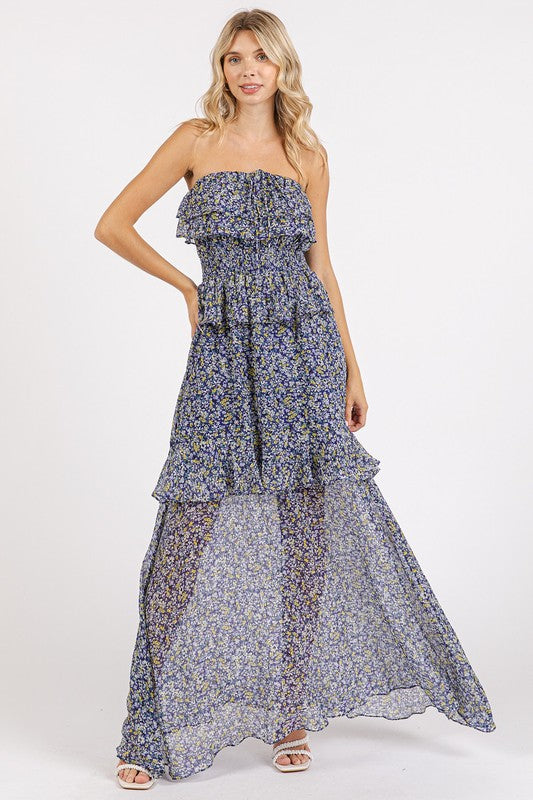 Ruffled Smocked Floral Halter Neck Maxi Dress - Znvia