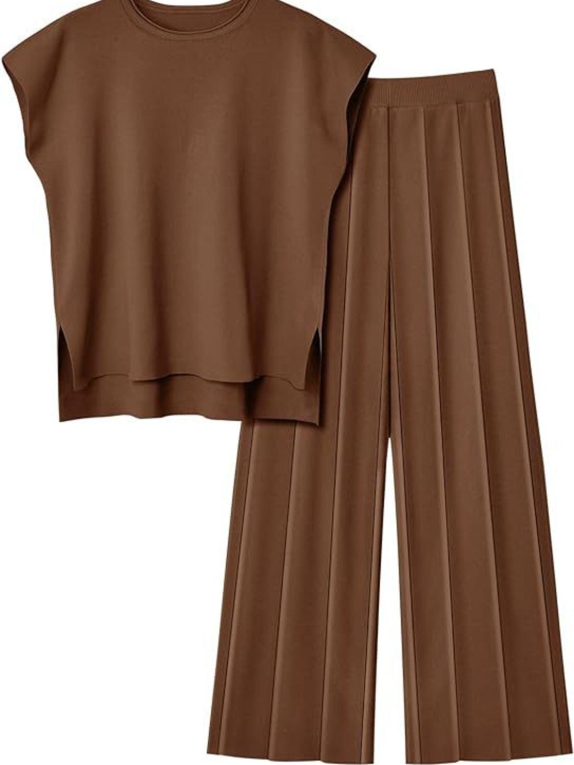 Round Neck Cap Sleeve Top and Pants Knit Set – Effortless Style Meets Supreme Comfort - Znvia