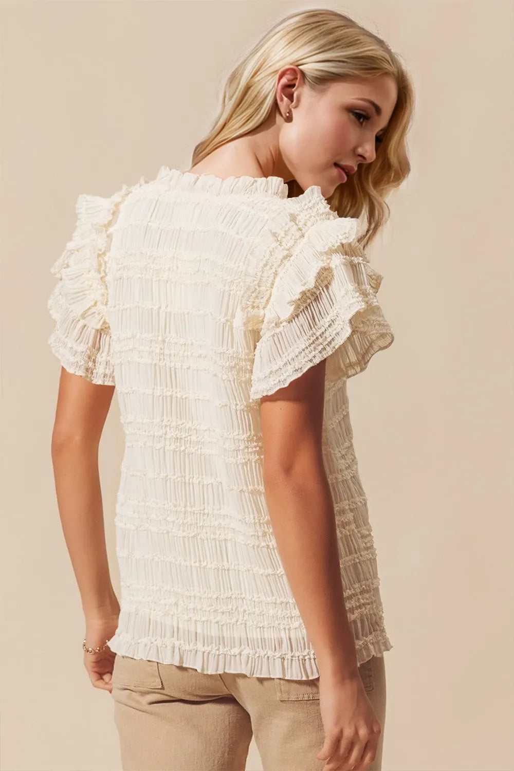 Full Size Frill Notched Flounce Sleeve Blouse - Znvia