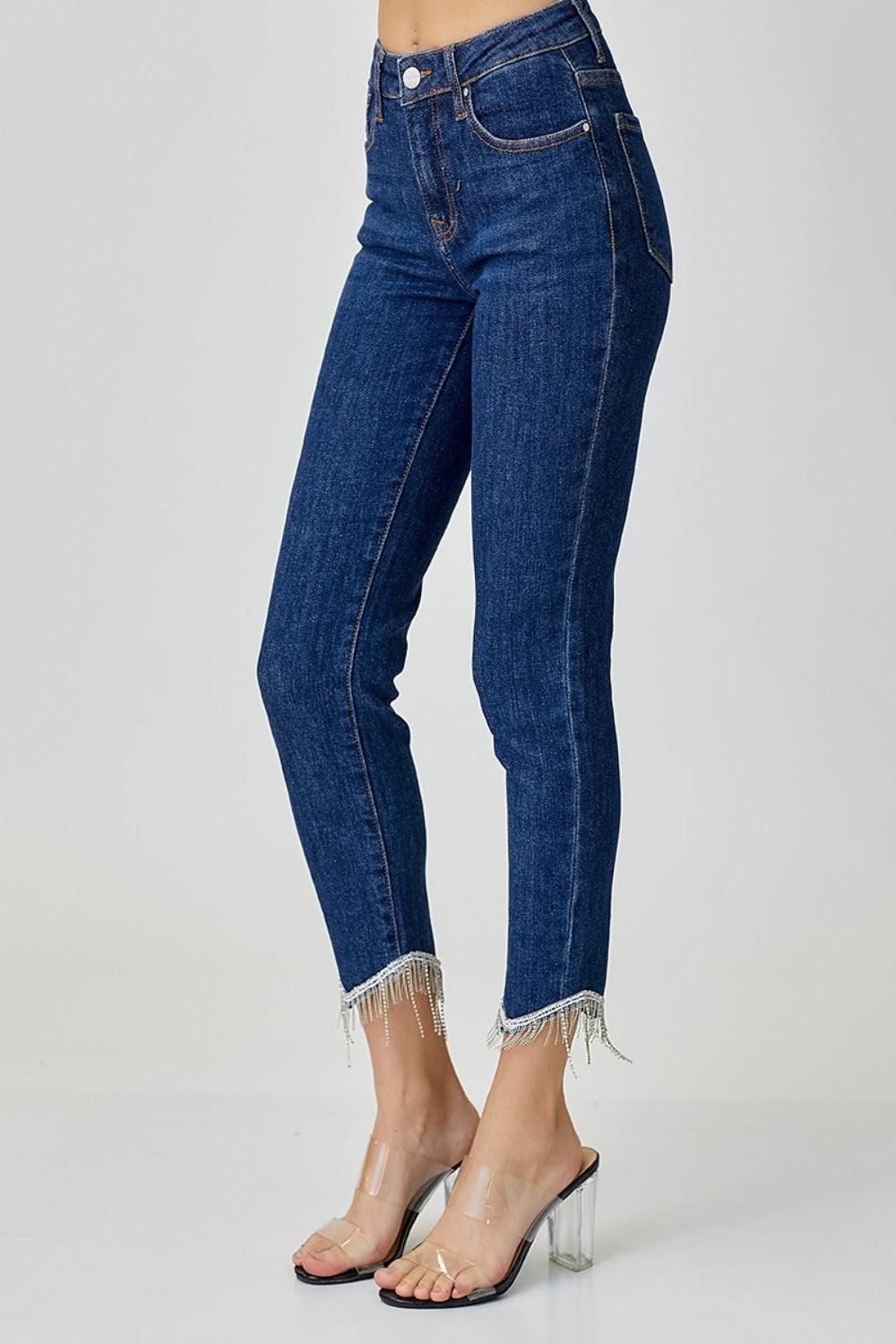 Full Size Embellished Mid Rise Crop Skinny Jeans – Sparkle, Style, and Confidence! - Znvia
