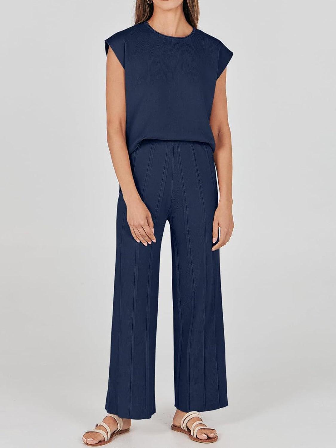 Round Neck Cap Sleeve Top and Pants Knit Set – Effortless Style Meets Supreme Comfort - Znvia