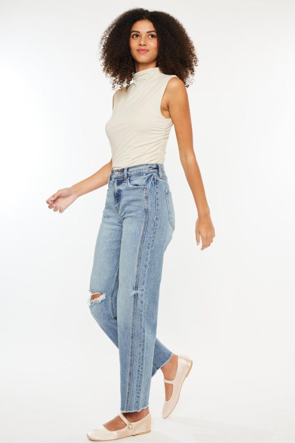Ultra High Rise Distressed Straight Jeans - Medium Stone Wash - Znvia