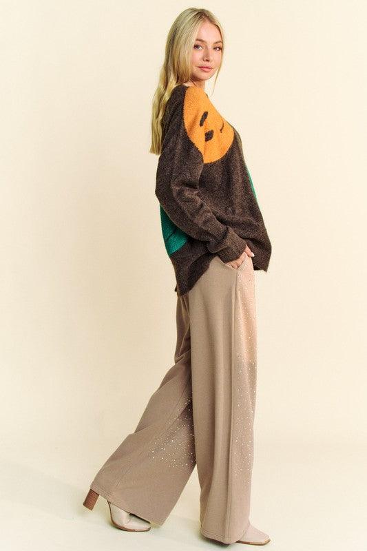 Contrast Smile Round Neck Oversize Sweater - Znvia