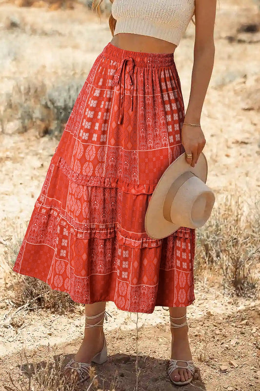Printed Drawstring Midi Skirt - Znvia