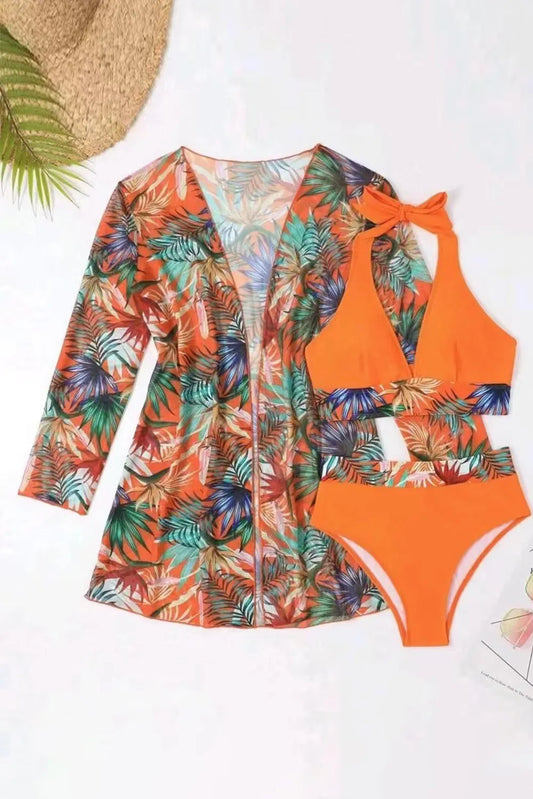 Stylish Printed Halter Neck Three-Piece Swim Set - Znvia