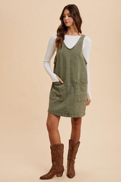 V-Neck Adjustable Strap Denim Overall Dress with Pockets - Znvia