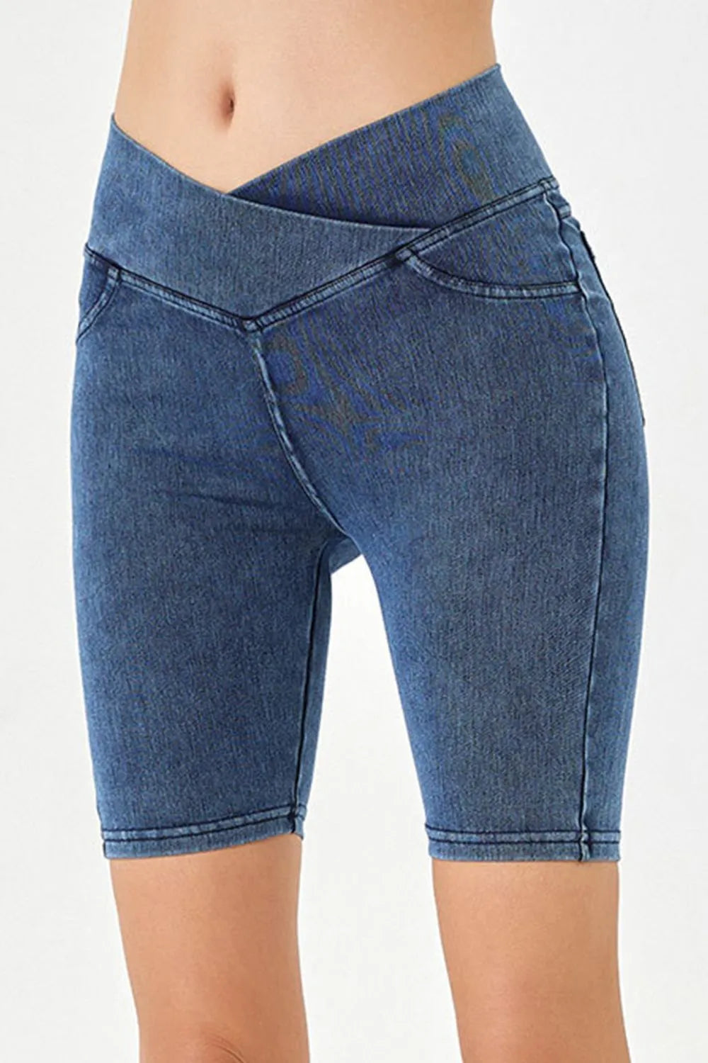 Asymmetrical Waist Denim Shorts with Pockets - Znvia
