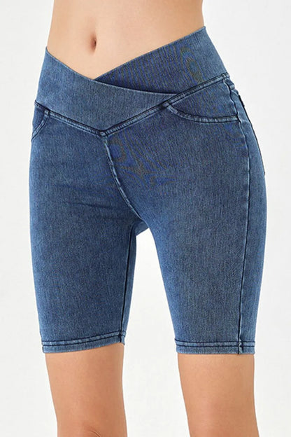 Asymmetrical Waist Denim Shorts with Pockets - Znvia