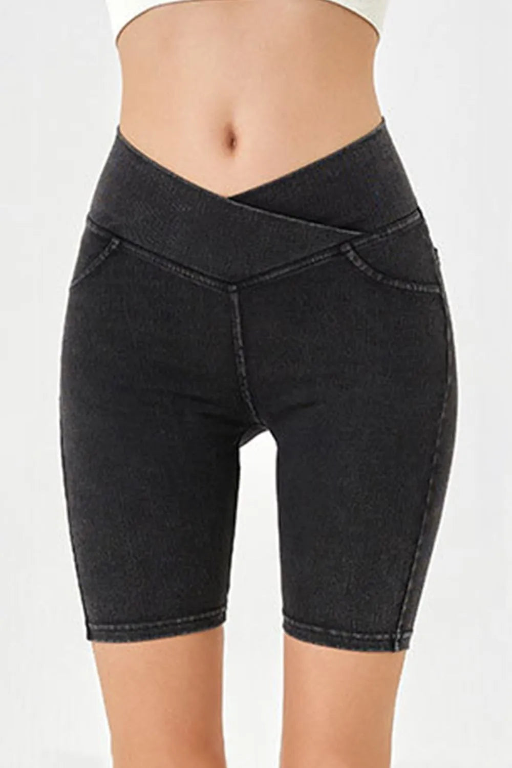 Asymmetrical Waist Denim Shorts with Pockets - Znvia