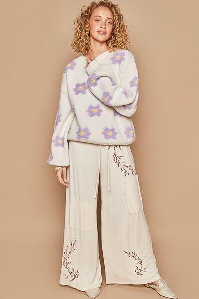 Daisy Pattern Drop Shoulder Sweater - Znvia