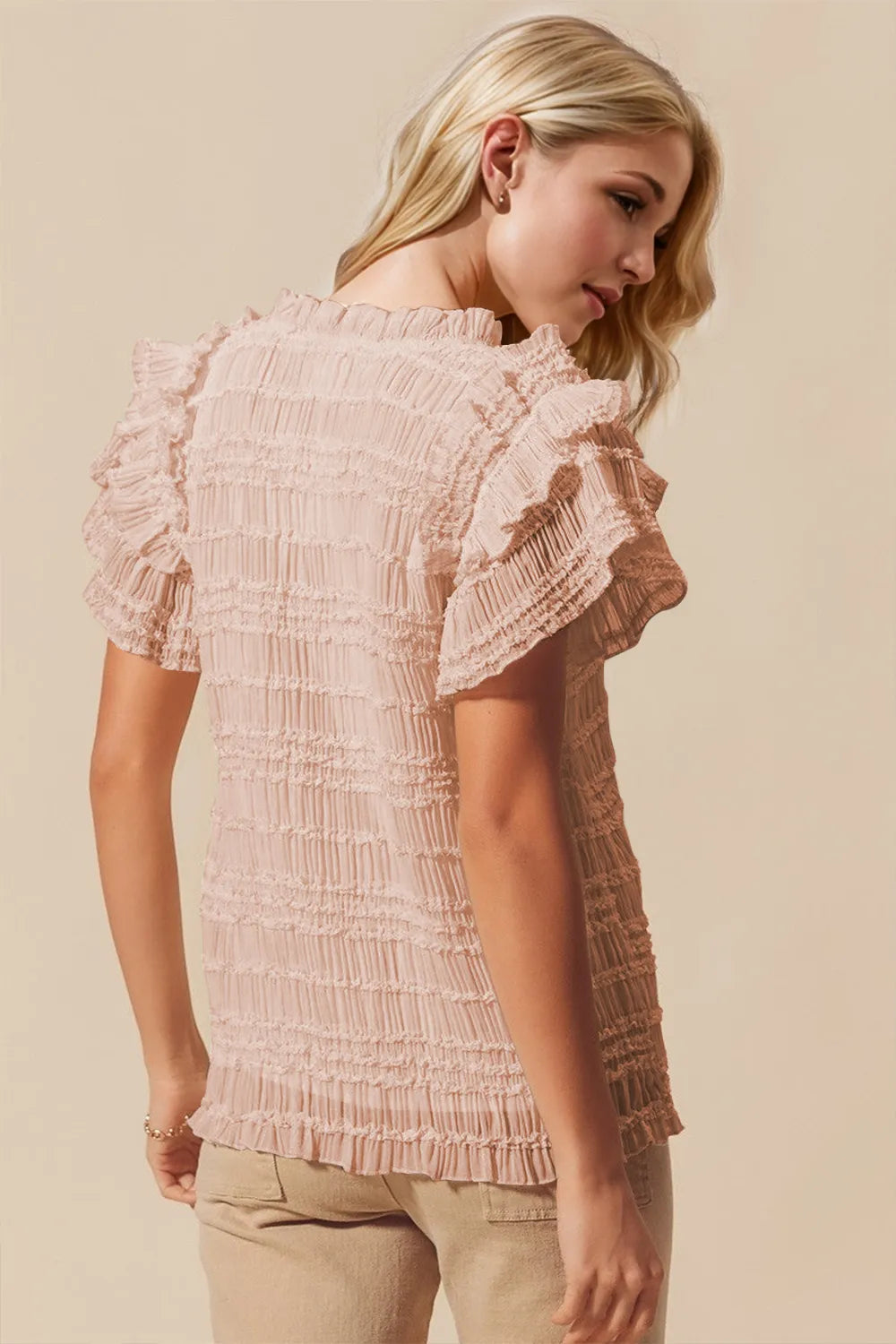 Full Size Frill Notched Flounce Sleeve Blouse - Znvia