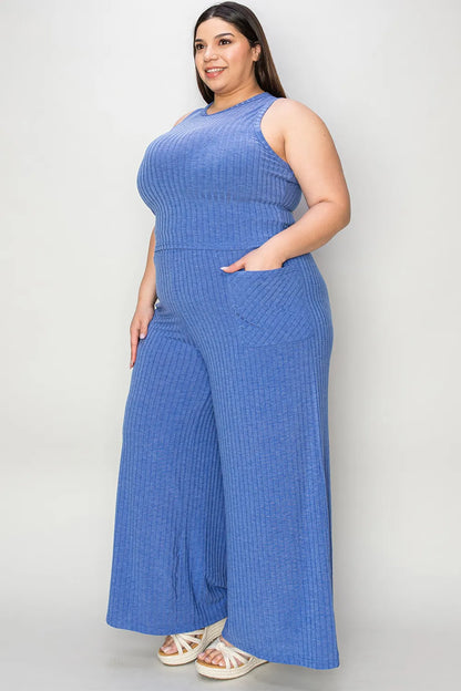 Full Size Ribbed Tank and Wide Leg Pants Set - Znvia