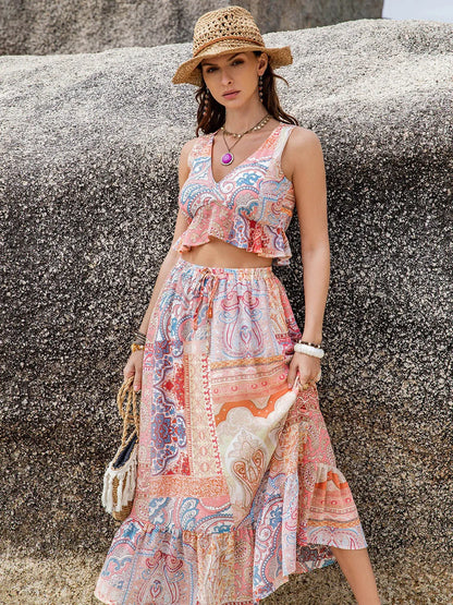 Printed V-Neck Top and Midi Skirt Set - Znvia