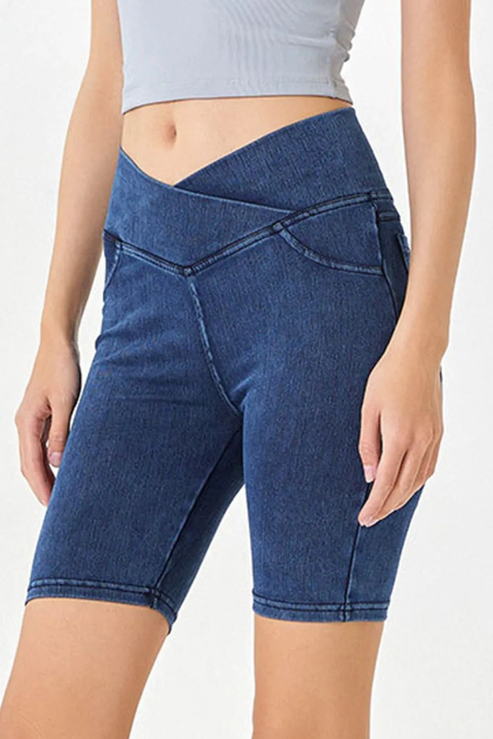 Asymmetrical Waist Denim Shorts with Pockets - Znvia