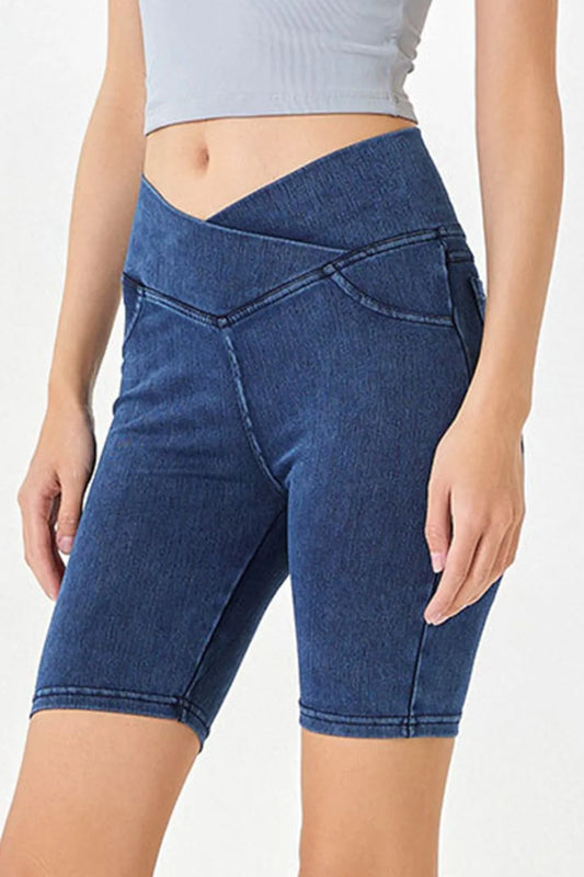 Asymmetrical Waist Denim Shorts with Pockets - Znvia