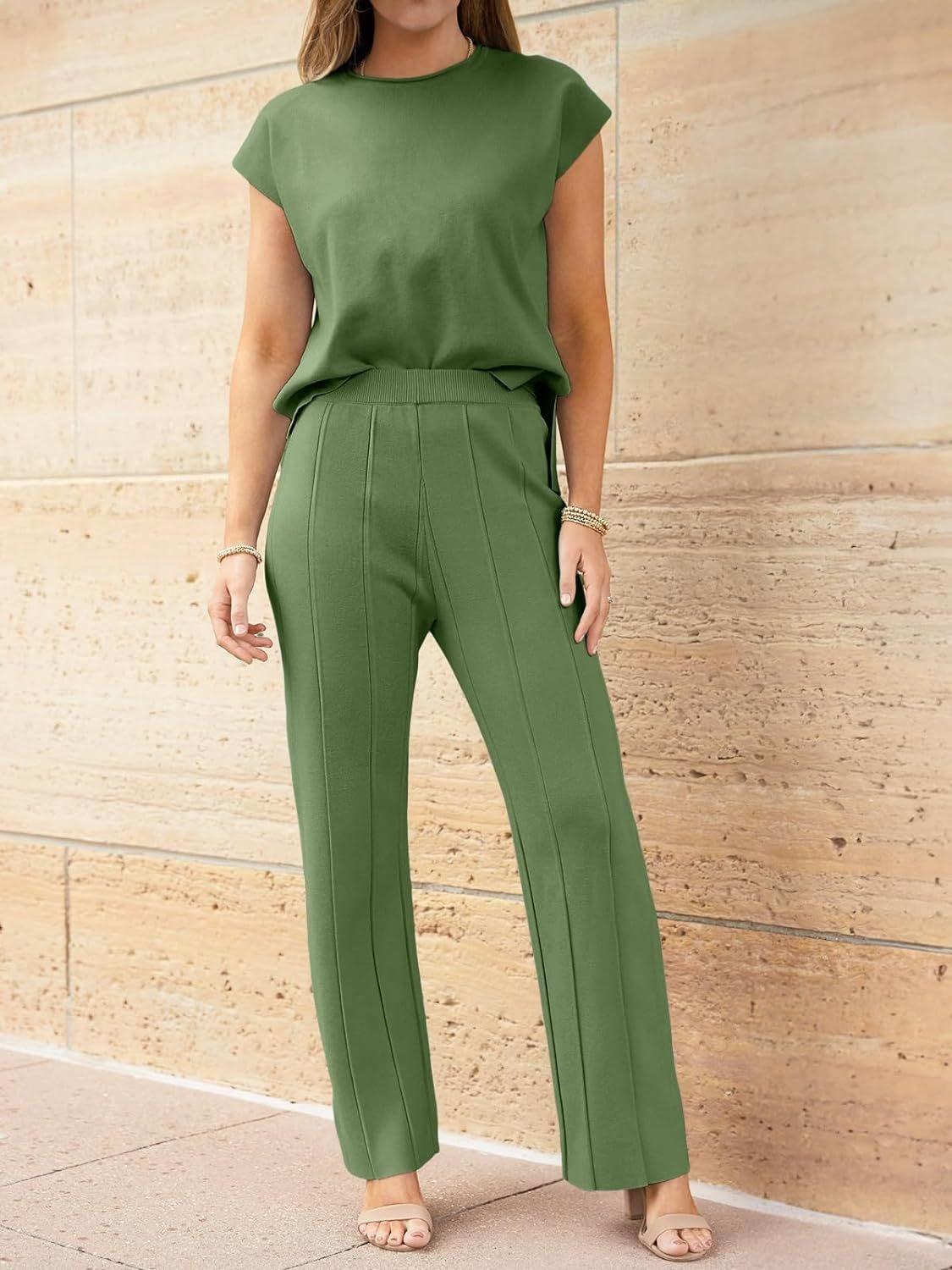 Round Neck Cap Sleeve Top and Pants Knit Set – Effortless Style Meets Supreme Comfort - Znvia