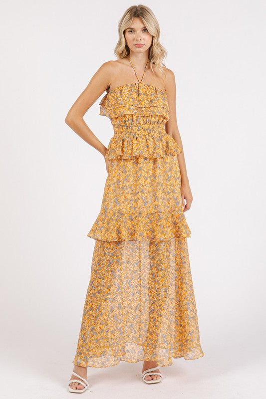 Ruffled Smocked Floral Halter Neck Maxi Dress - Znvia