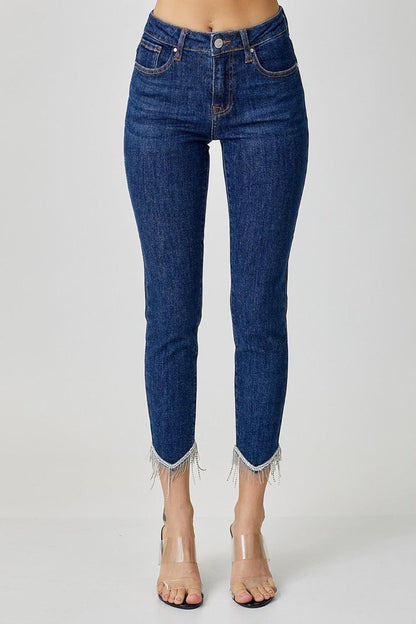 Full Size Embellished Mid Rise Crop Skinny Jeans – Sparkle, Style, and Confidence! - Znvia
